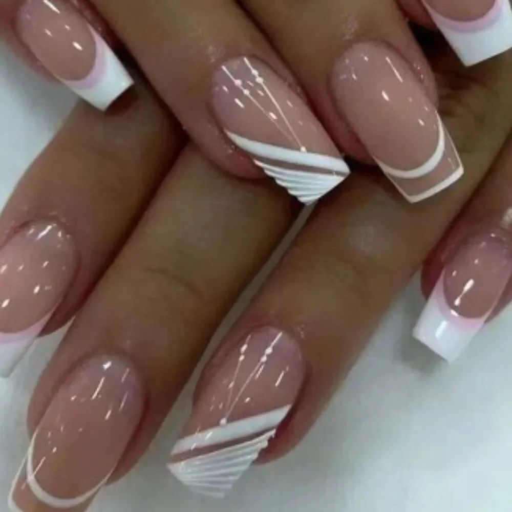 3for$20 Nails with 24pcs Long Square White Line French Style